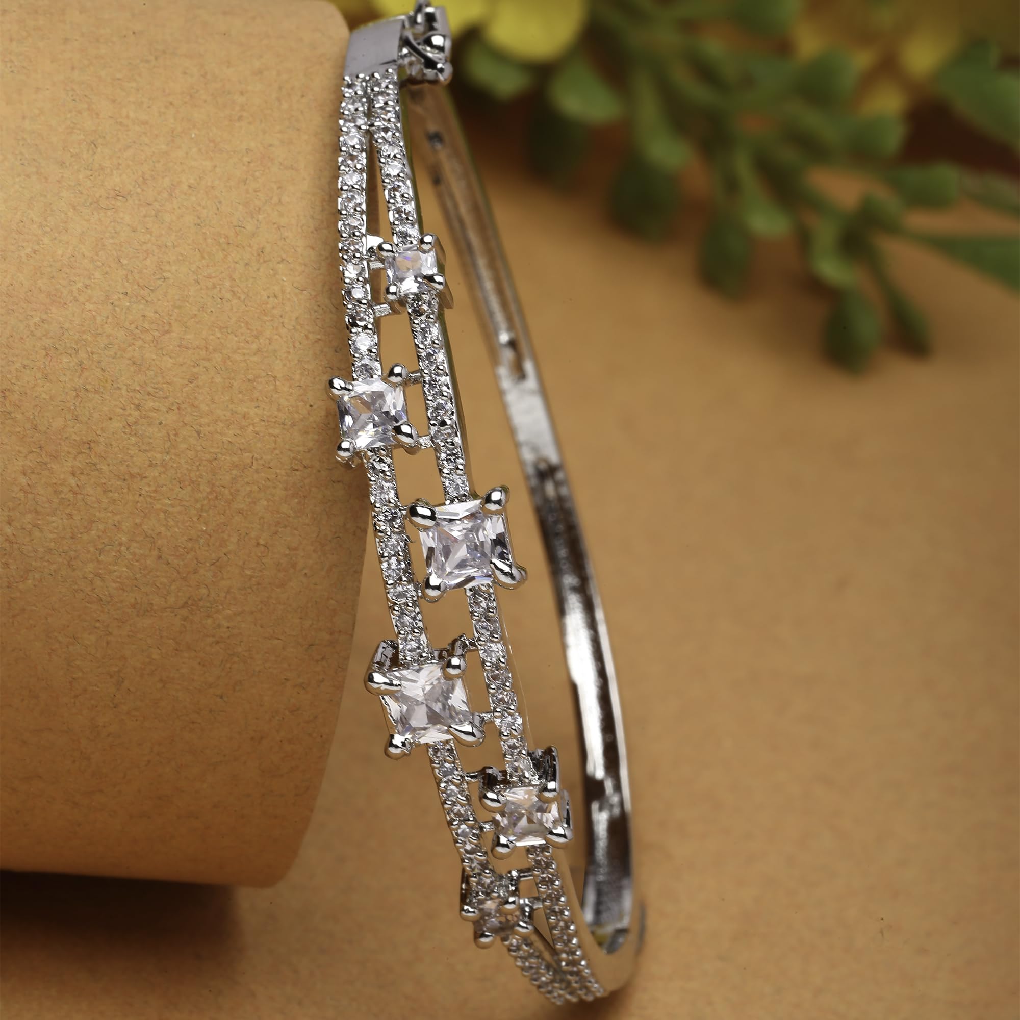 Rhodium-Plated American Diamond Flower Kada Bracelet